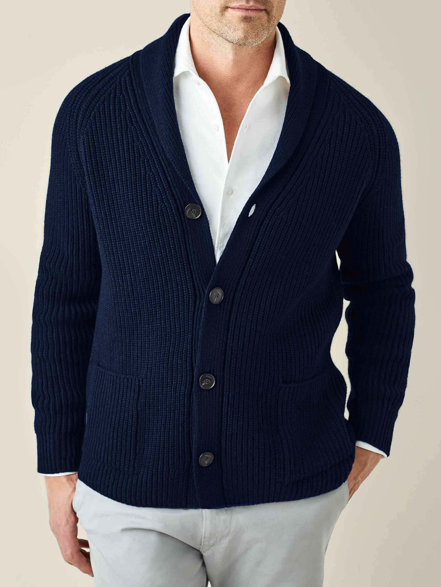SHINYAKOZUKA [23SS] UNCLE’S CARDIGAN Midnight Blue Chunky Knit Cashmere Cardigan | Luca Faloni