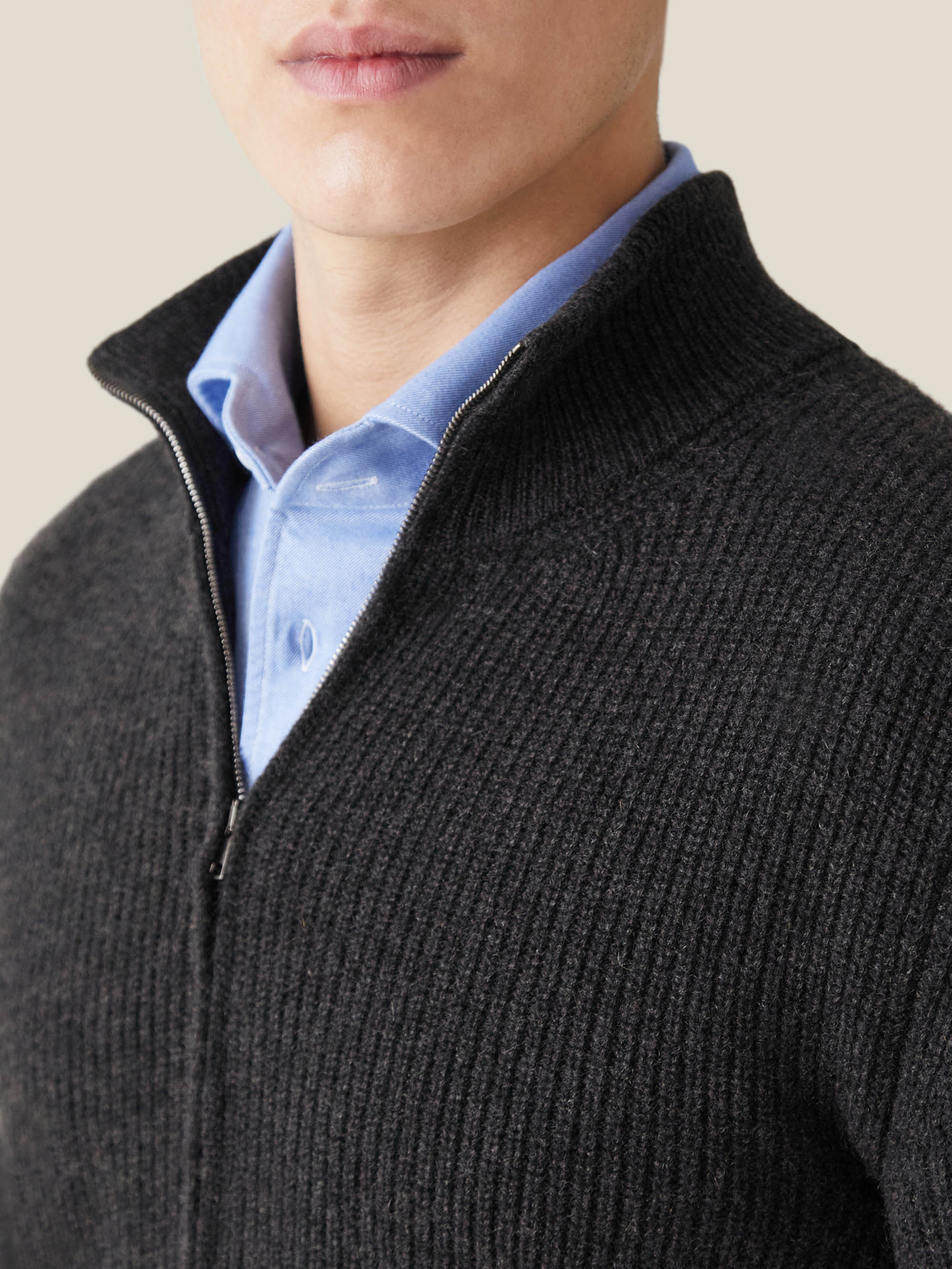 Charcoal Grey Chunky Knit Cashmere Zip Cardigan | Luca Faloni