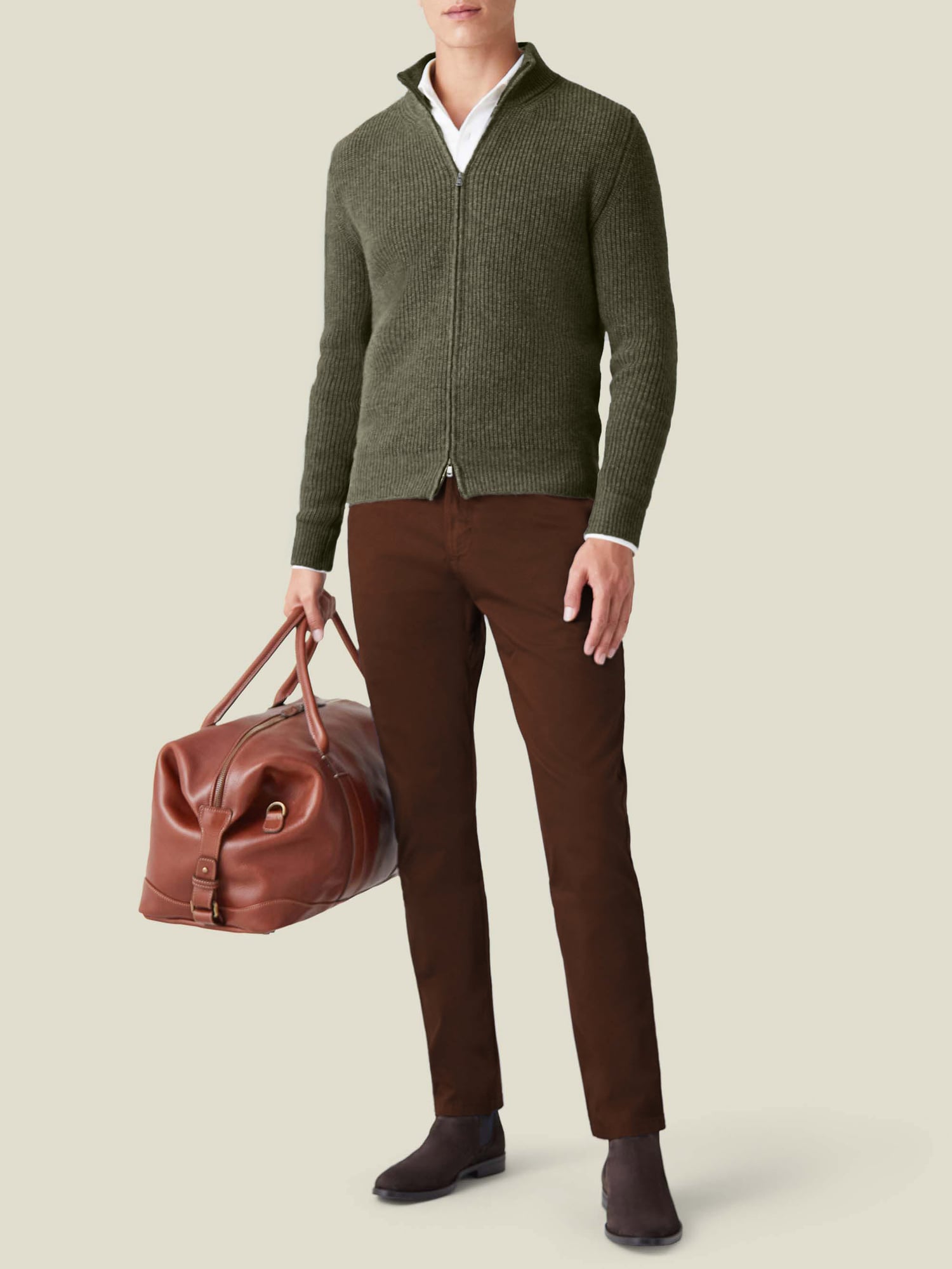 Hunting Green Chunky Knit Cashmere Zip Cardigan | Luca Faloni