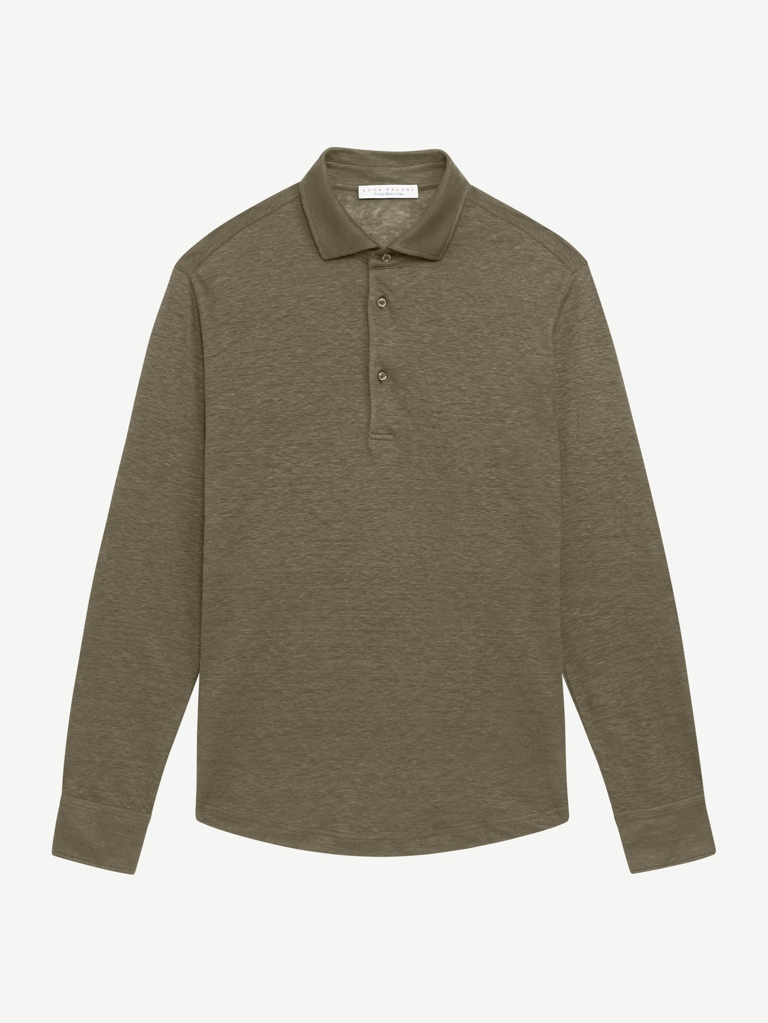 Khaki Green Long-Sleeved Linen Jersey Polo Shirt | Luca Faloni