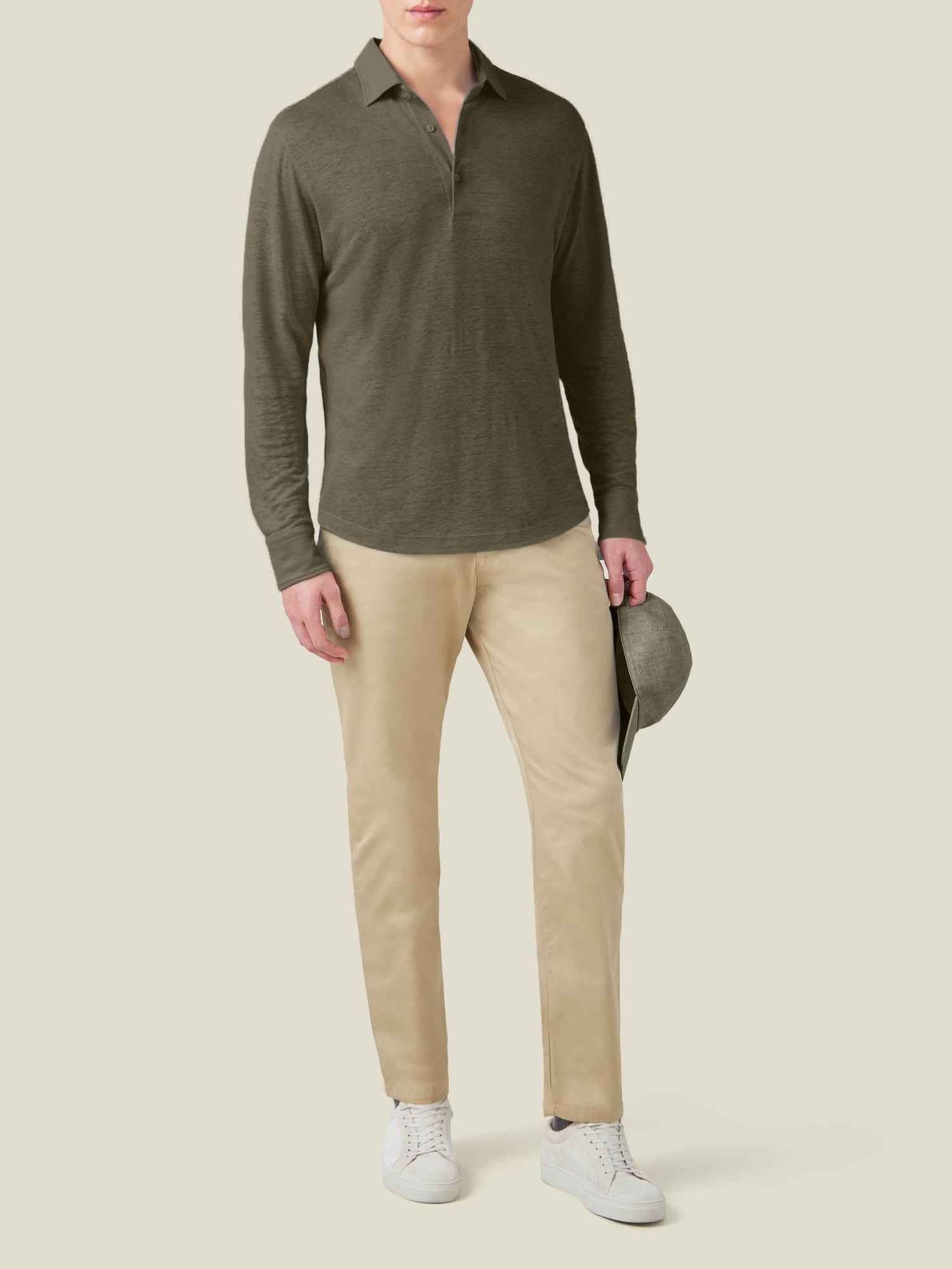 Khaki Green Long-Sleeved Linen Jersey Polo Shirt | Luca Faloni