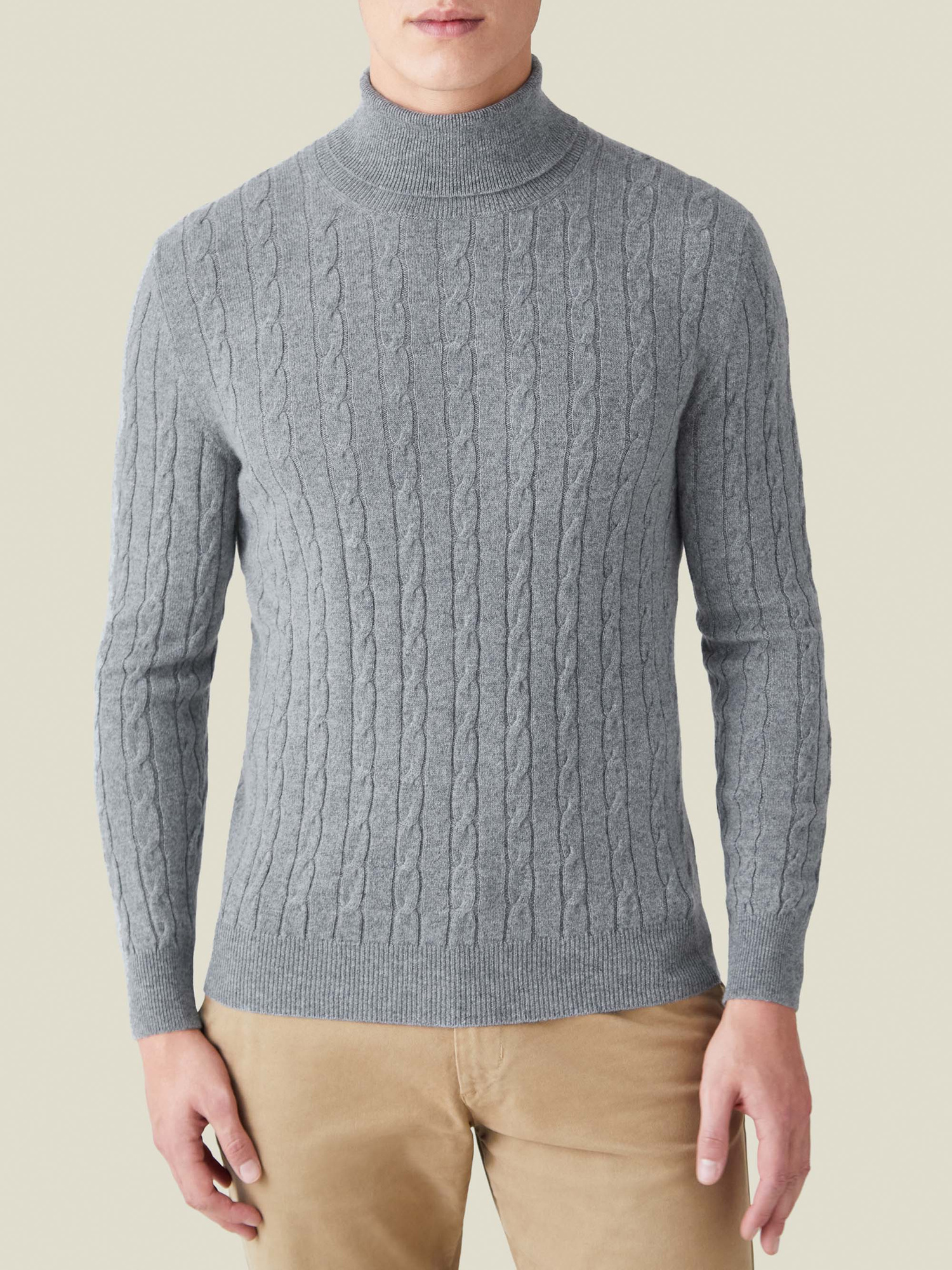 Light Grey Cashmere Cable Knit Roll Neck | Luca Faloni
