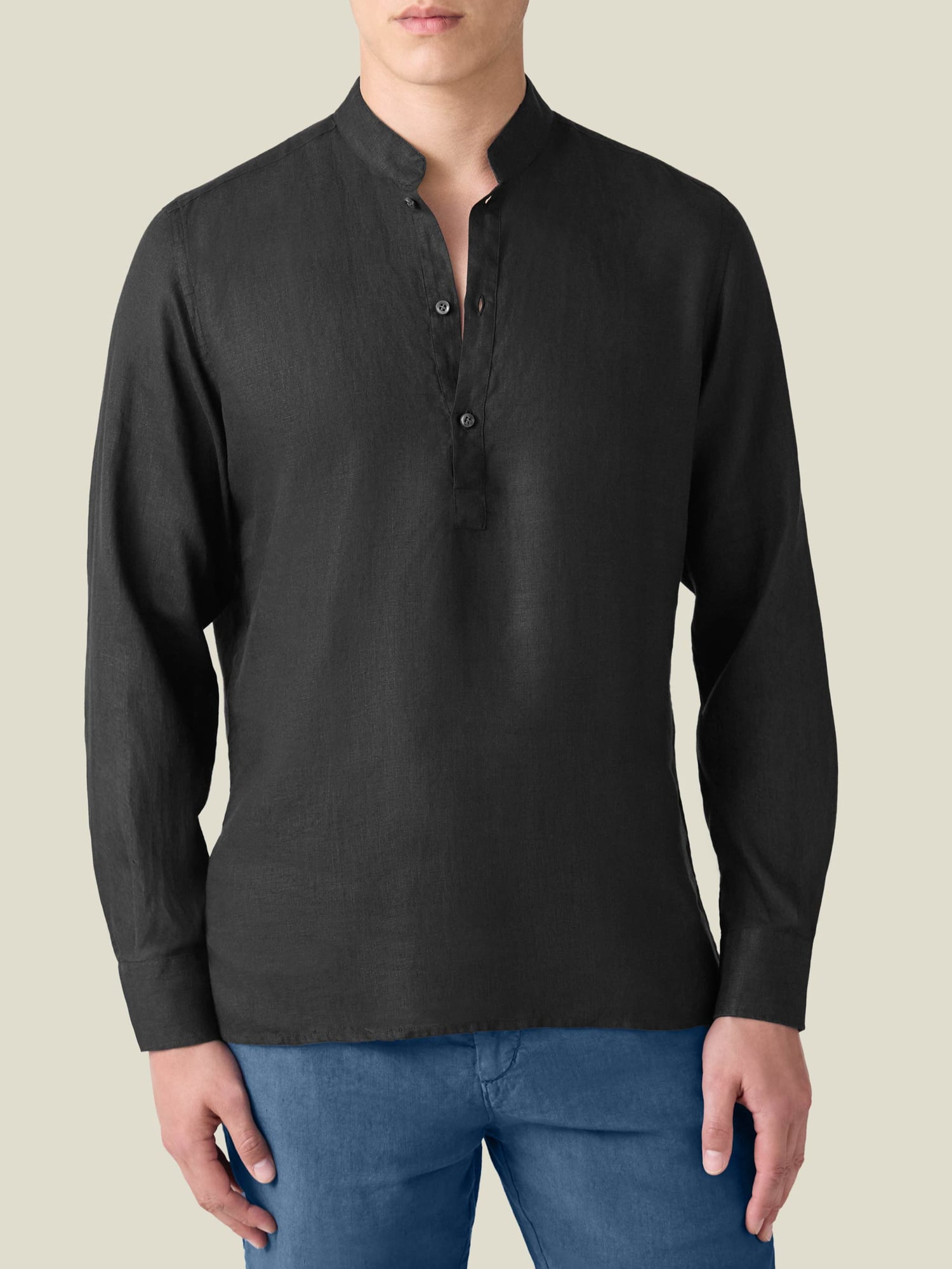 Black Kaftan Grandad-Collar Linen Shirt | Luca Faloni