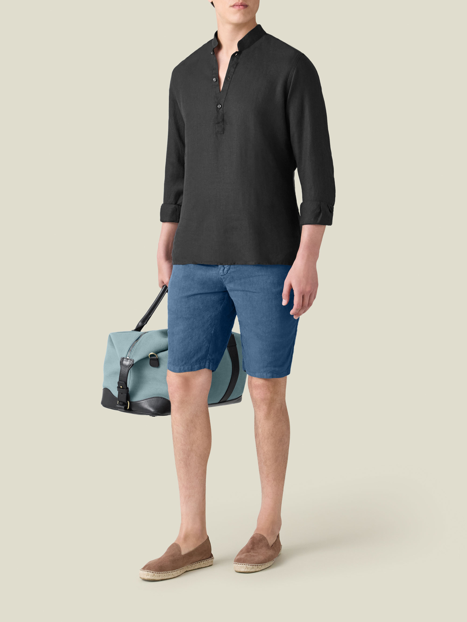 Black Kaftan Grandad-Collar Linen Shirt | Luca Faloni