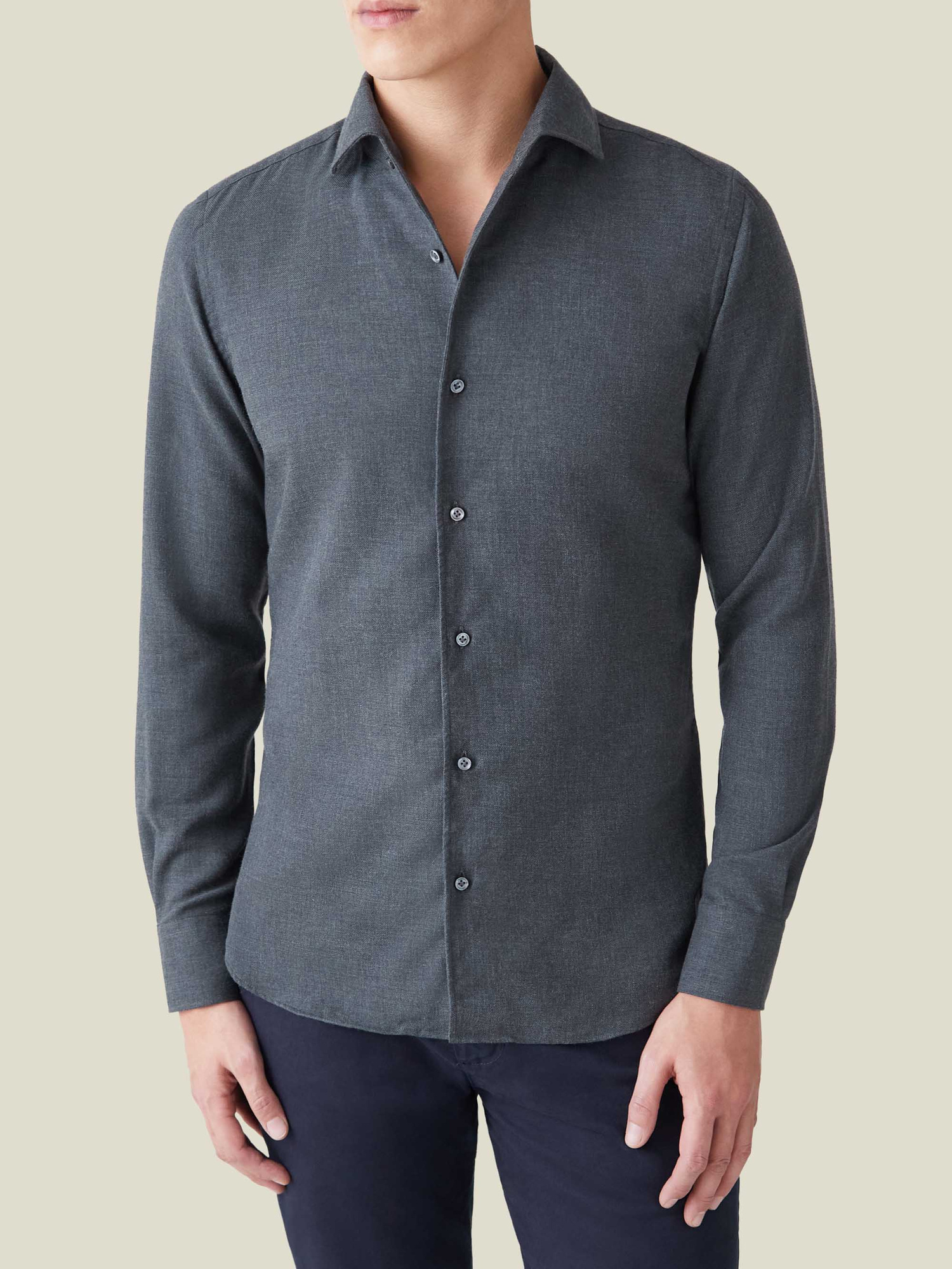 charcoal grey dress shirt Classic Shirt, Luca Faloni, Cashmere-Cotton, One Piece Collar, Button-up Shirt, Lightweight, Soft, Warm, Grey, Men, Made in Italy Resort 24