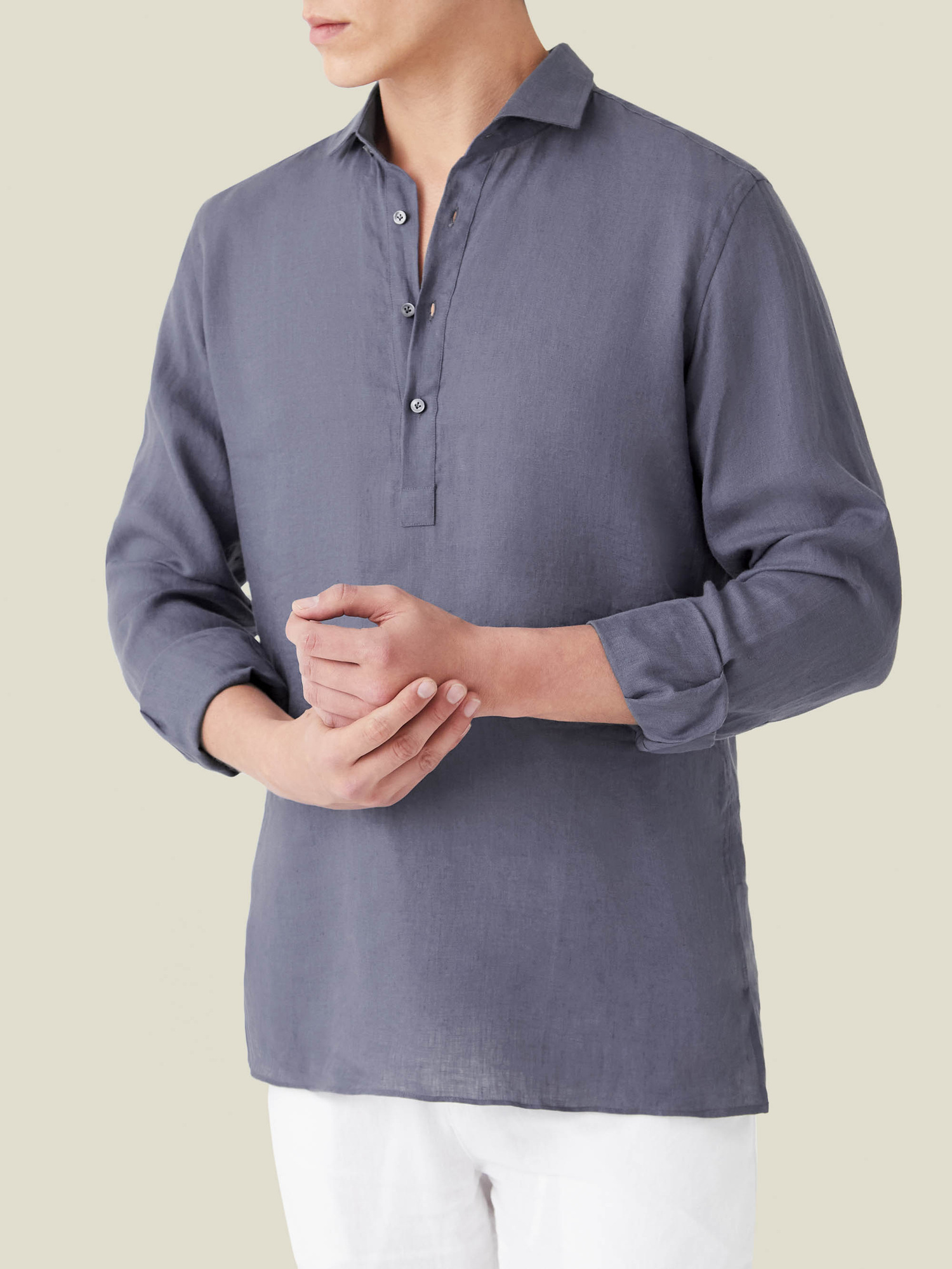 Grey Classic Collar Popover Linen Shirt | Luca Faloni