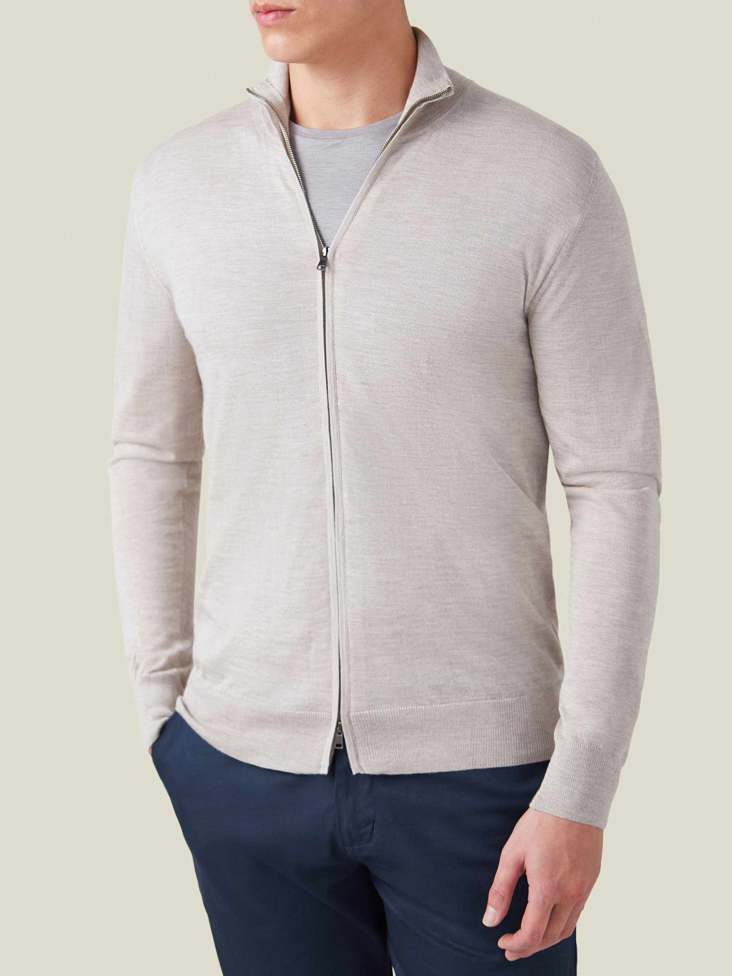 Oatmeal Silk-Cashmere Zip Cardigan | Luca Faloni