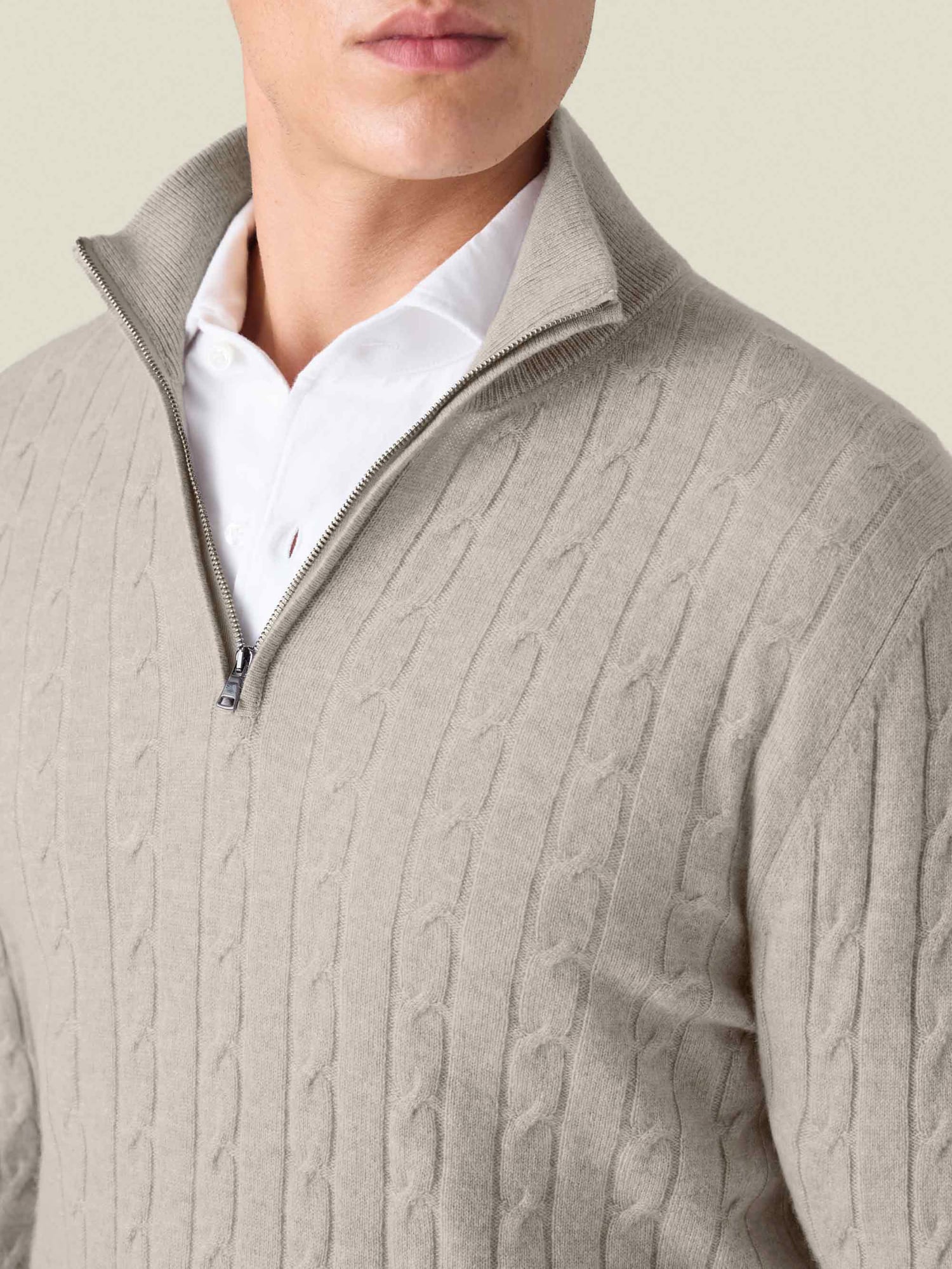 Almond Cashmere Cable Knit Zip-up | Luca Faloni