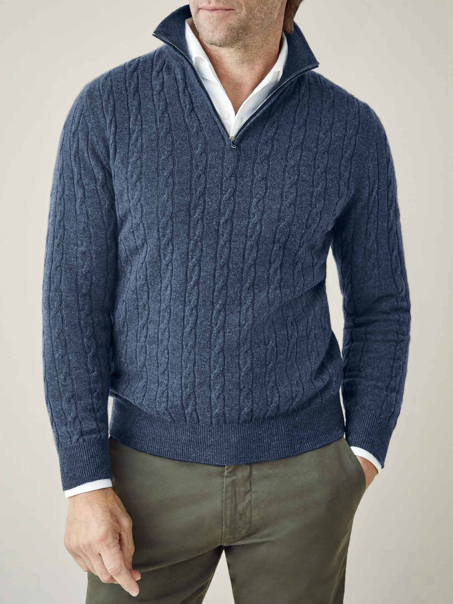 Atlantic Blue Cashmere Cable Knit Zip-up | Luca Faloni