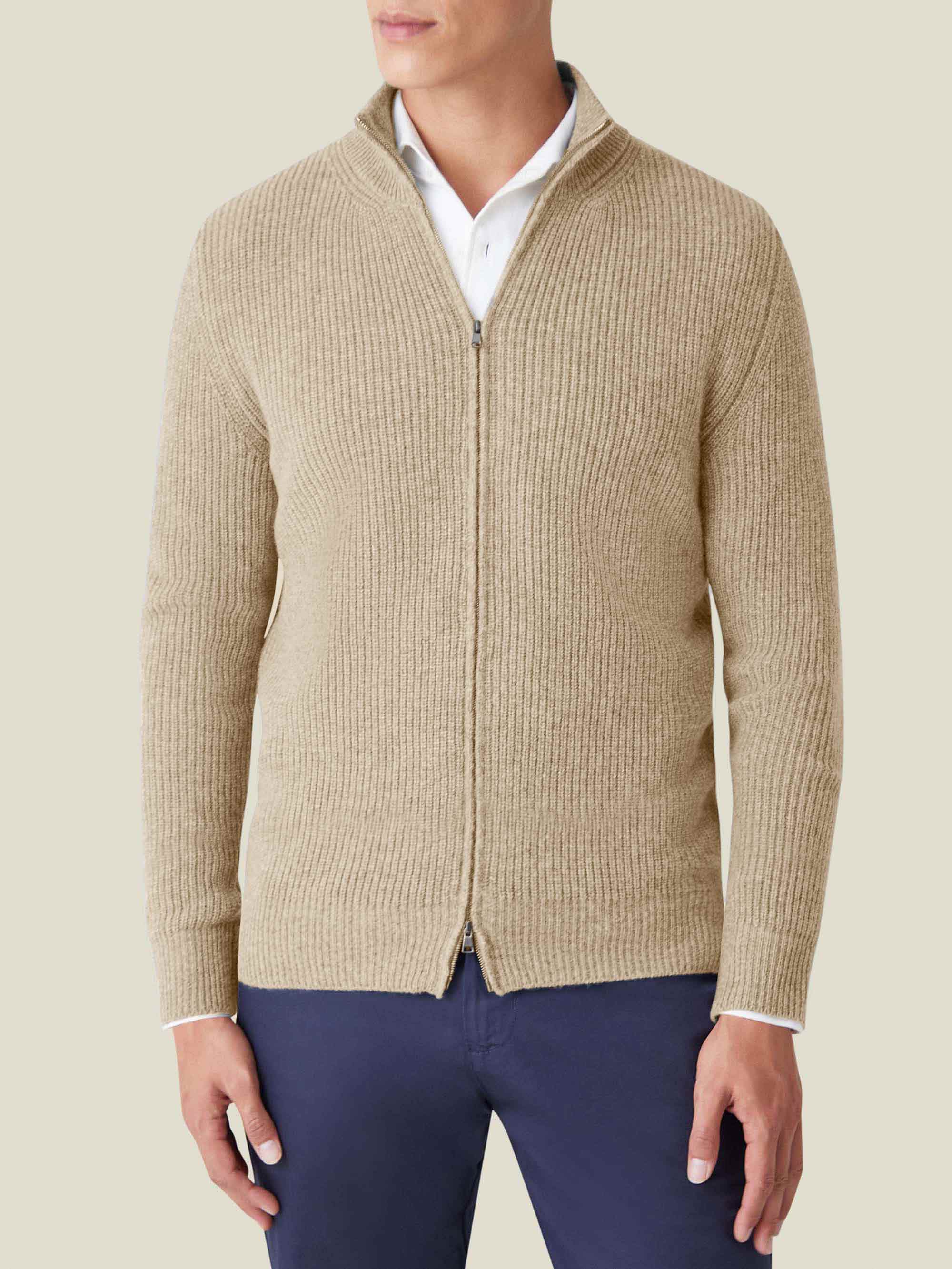 Luca Faloni Zip Cardigan In Camel Beige