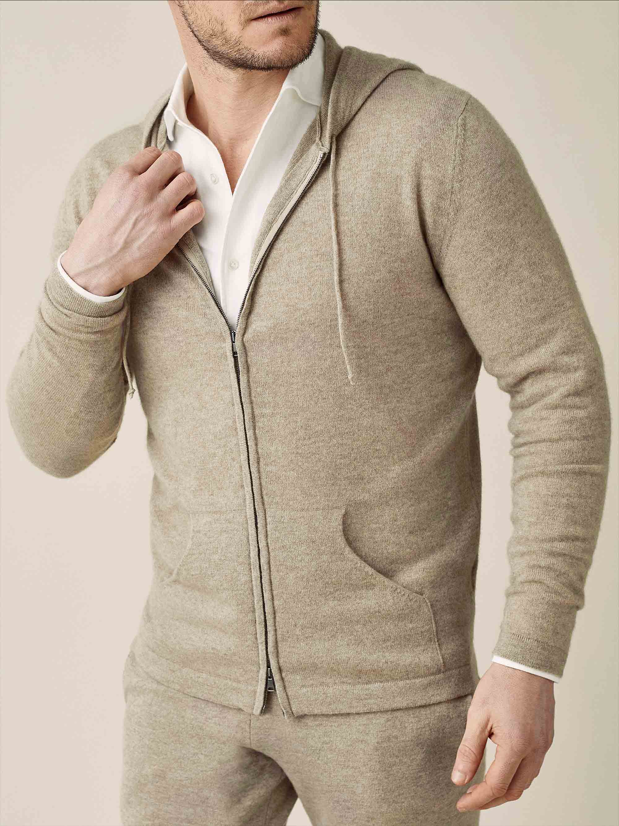 Luca Faloni Full Zip Hoodie Jumper In Camel Beige