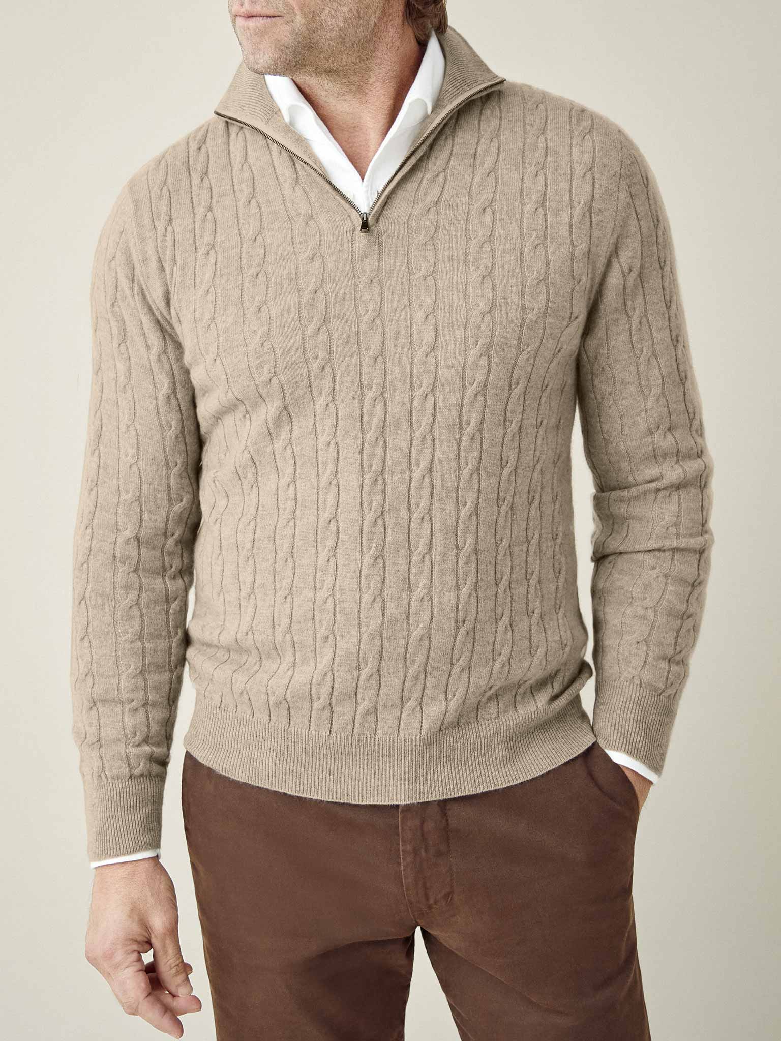 Luca Faloni Camel Beige Pure Cashmere Cable Knit Zip-up In Camel Beige